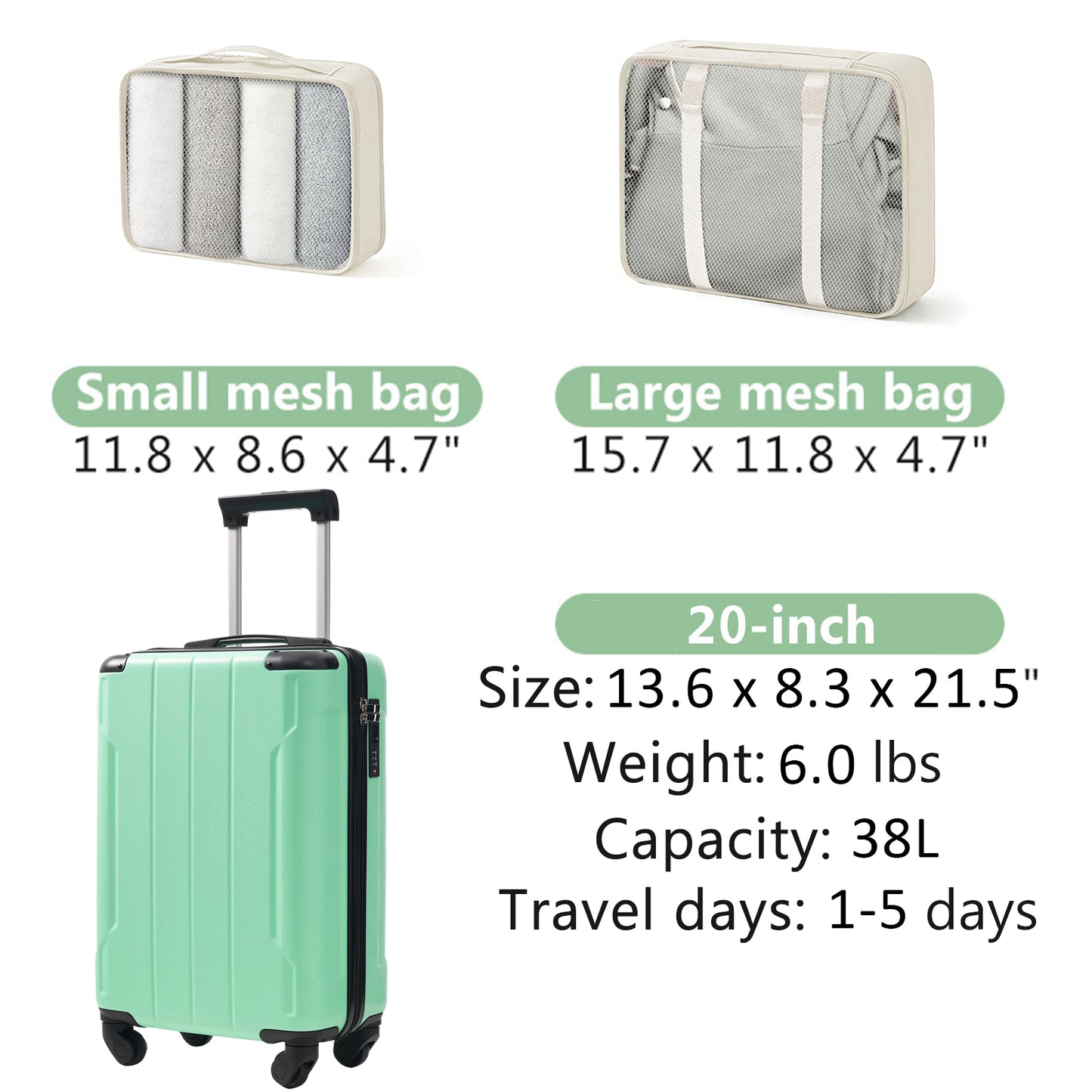 20-Inch Hardshell Carry-On Luggage, Lightweight Durable ABS Suitcase With Spinner Wheels, Built-in TSA Lock, 2 Packing Cubes, Creamy Green